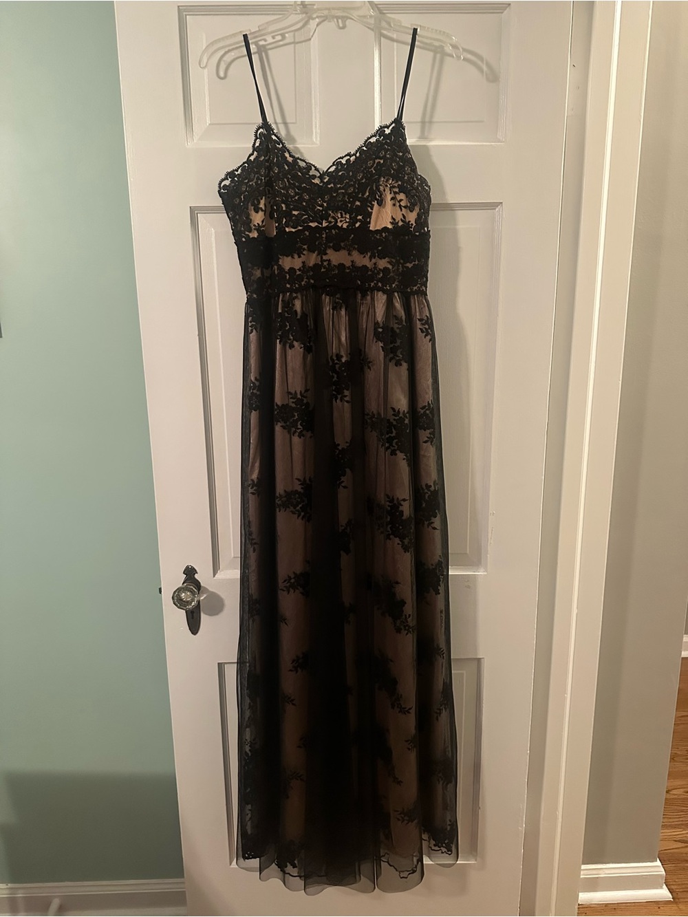 Lulu's Black Lace Overlay Maxi Dress with Nude Lining